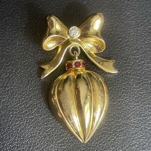 Vintage Liz Claiborne Rhinestone Bow Dangle Gold Tone Brooch Pin Signed LCI